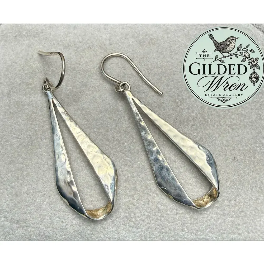 925 Sterling Silver Hammered Teardrop Ribbon Dangle Earrings 2.3” 4.54g